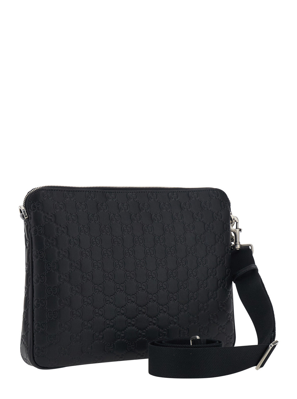 Gucci Men 'Emblem' Black Shoulder Bag With Adjustable And Removable Shoulder Strap And All-Over Embossed Gg Motif In Leather Man
