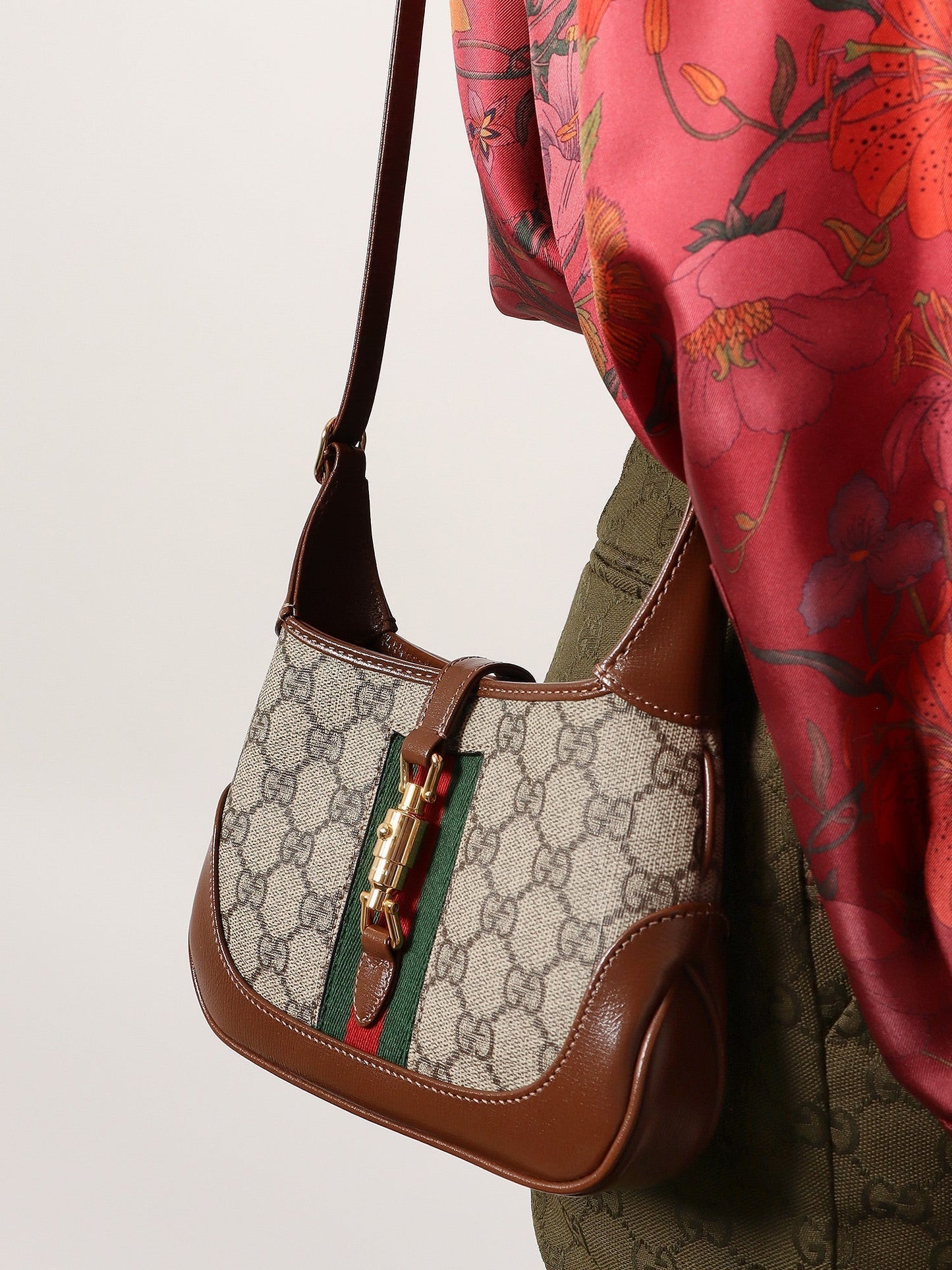 Gucci Women Gg Supreme Fabric And Leather Shoulder Bag With Iconic Web Band