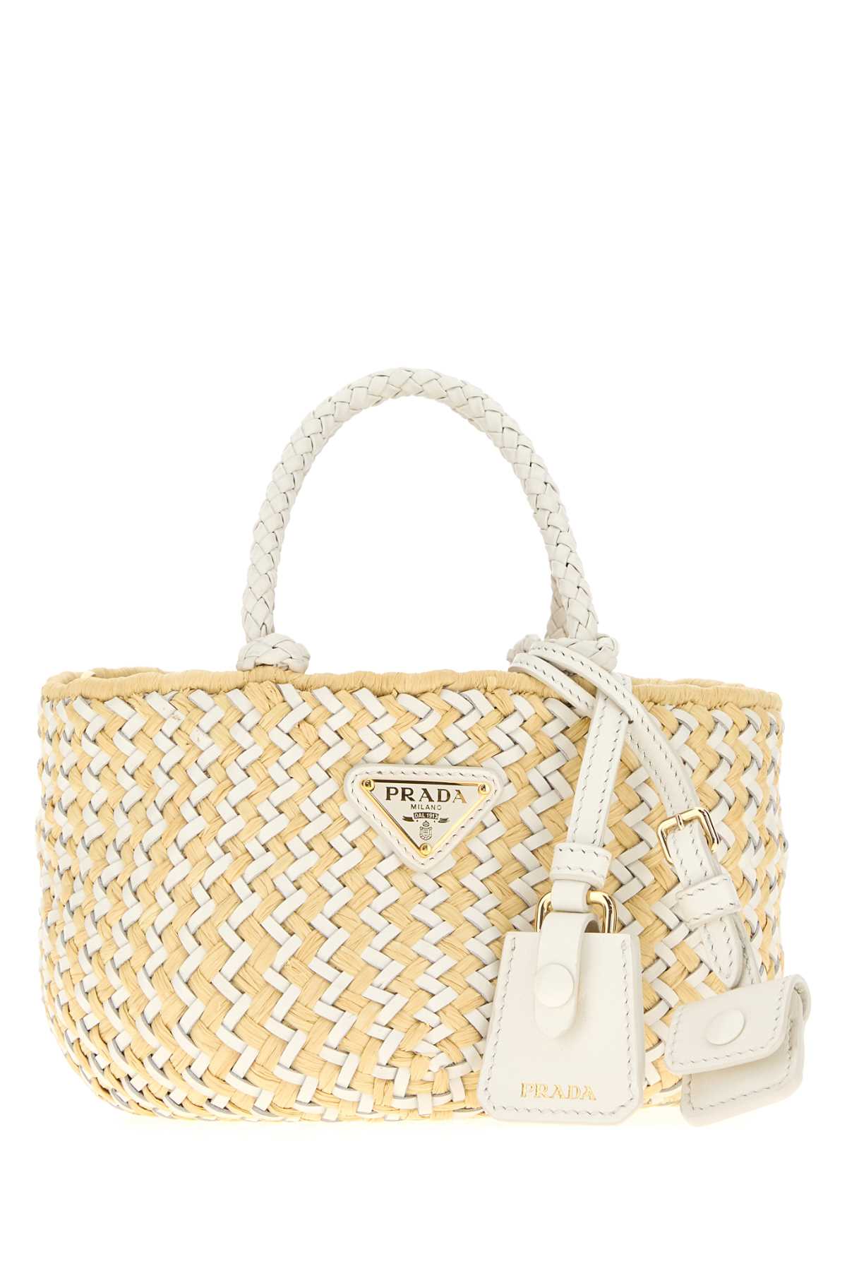 Prada Women Two-Tone Leather And Raffia Handbag