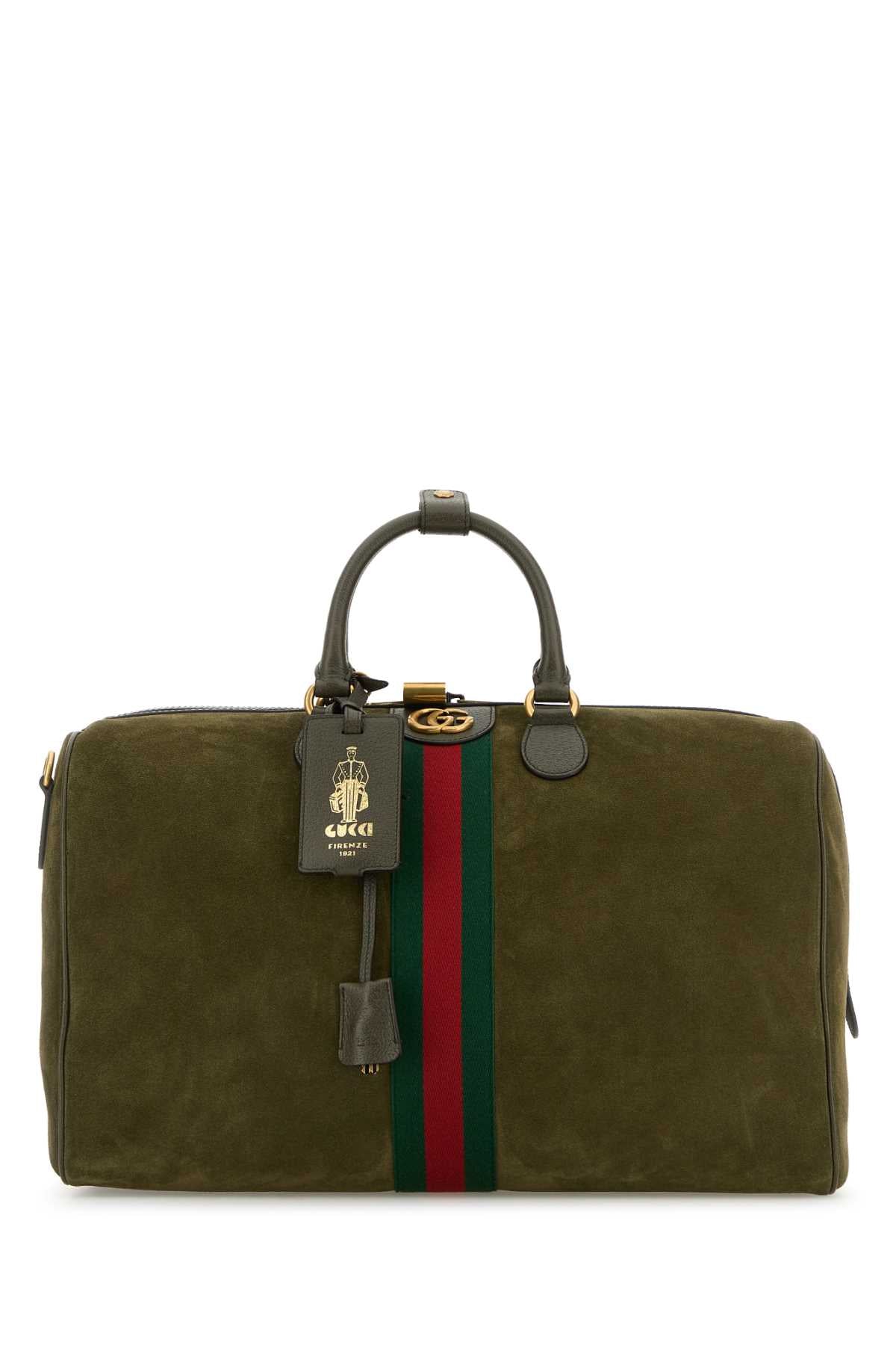 Gucci Men Olive Green Suede Medium Gucci Savoy Travel Bag