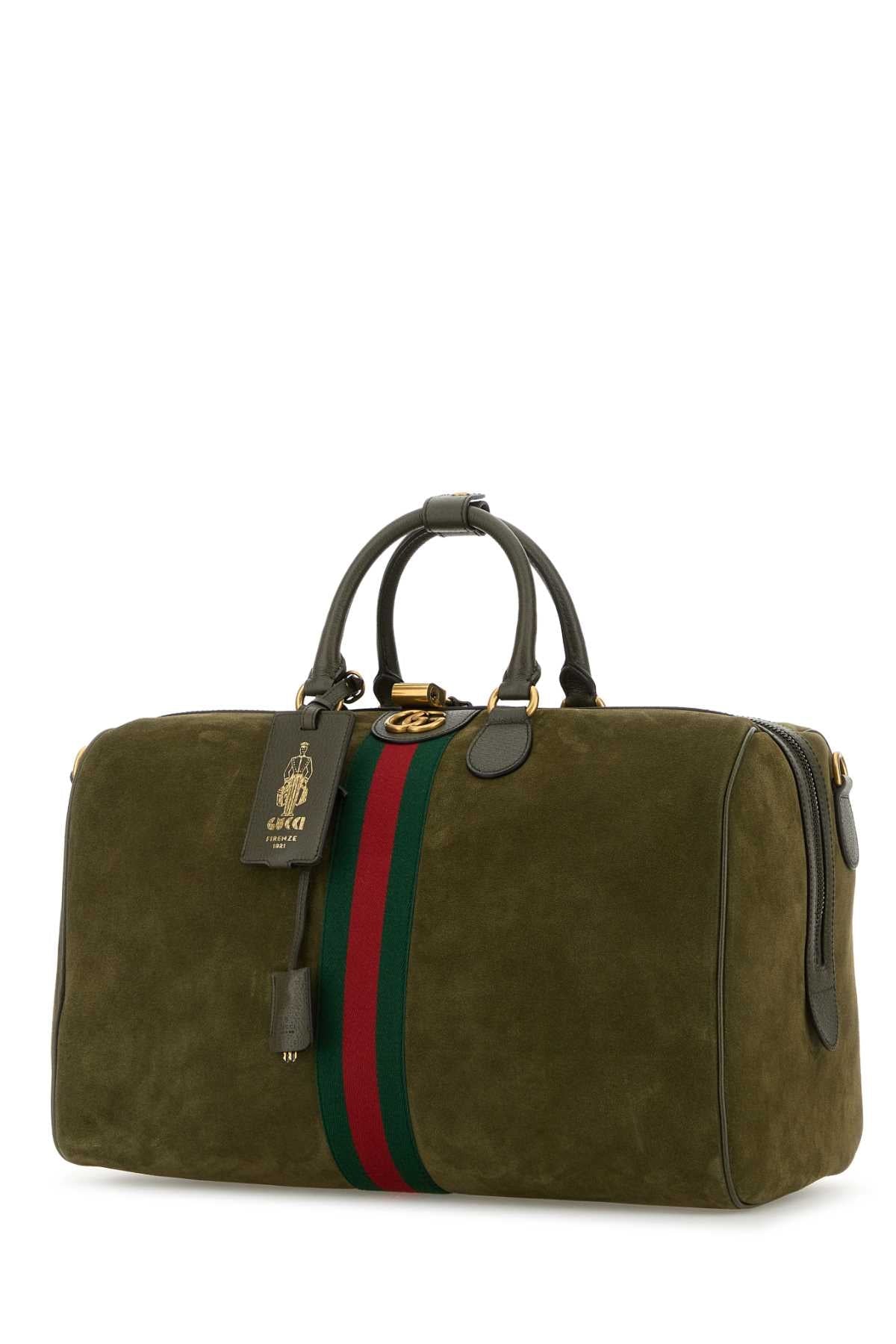 Gucci Men Olive Green Suede Medium Gucci Savoy Travel Bag