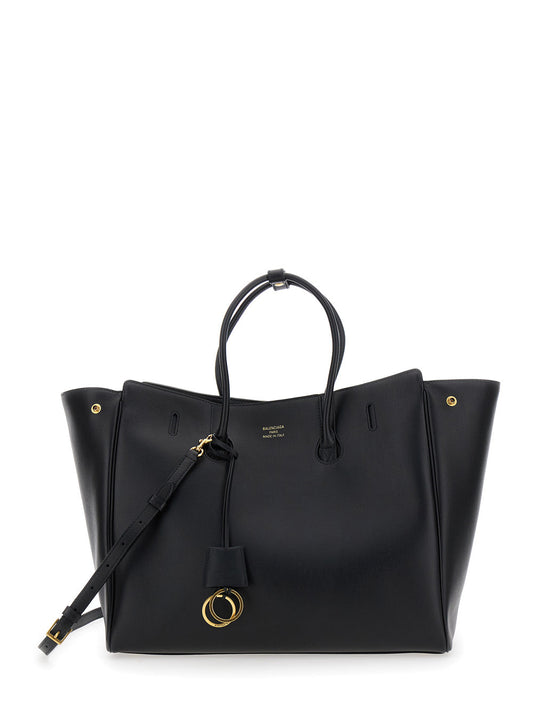 Balenciaga Women 'Hampton Medium' Black Handbag With Embossed Logo On The Front And Removable Key Ring In Leather Woman