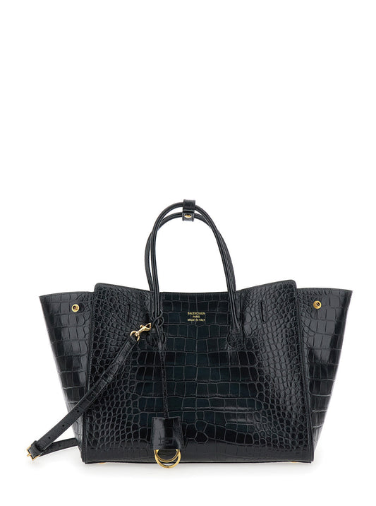 Balenciaga Women 'Hampton Small' Black Handbag With Embossed Logo On The Front And Removable Keyring In Leather Woman