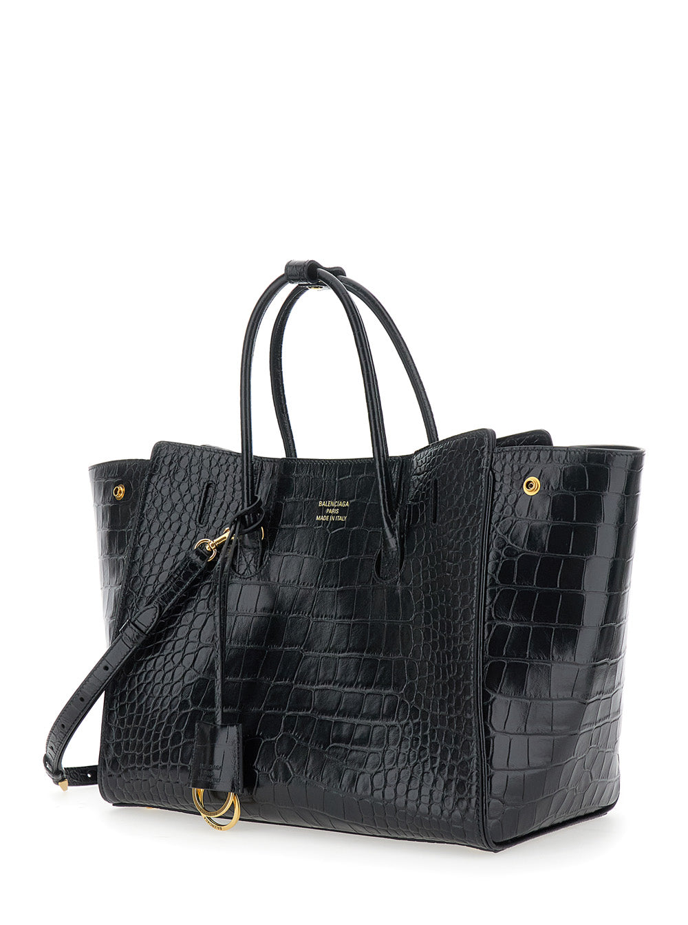 Balenciaga Women 'Hampton Small' Black Handbag With Embossed Logo On The Front And Removable Keyring In Leather Woman