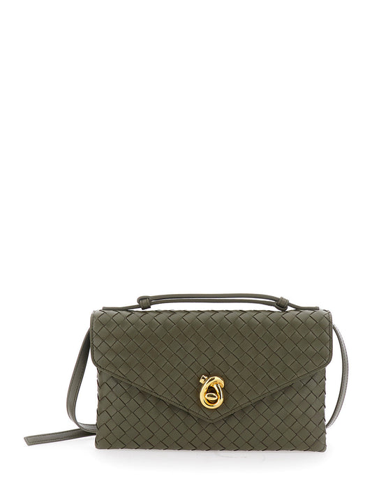 Bottega Veneta Women 'Knot Lock' Green Crossbody Bag With Intreccio Motif And Metal Knot Closure In Leather Woman