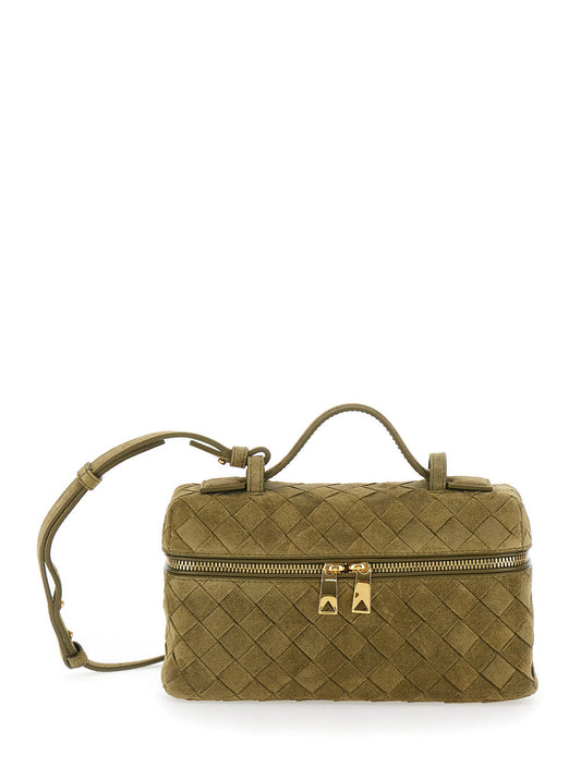 Bottega Veneta Women Green Vanity Case With Intreccio Motif In Suede Woman