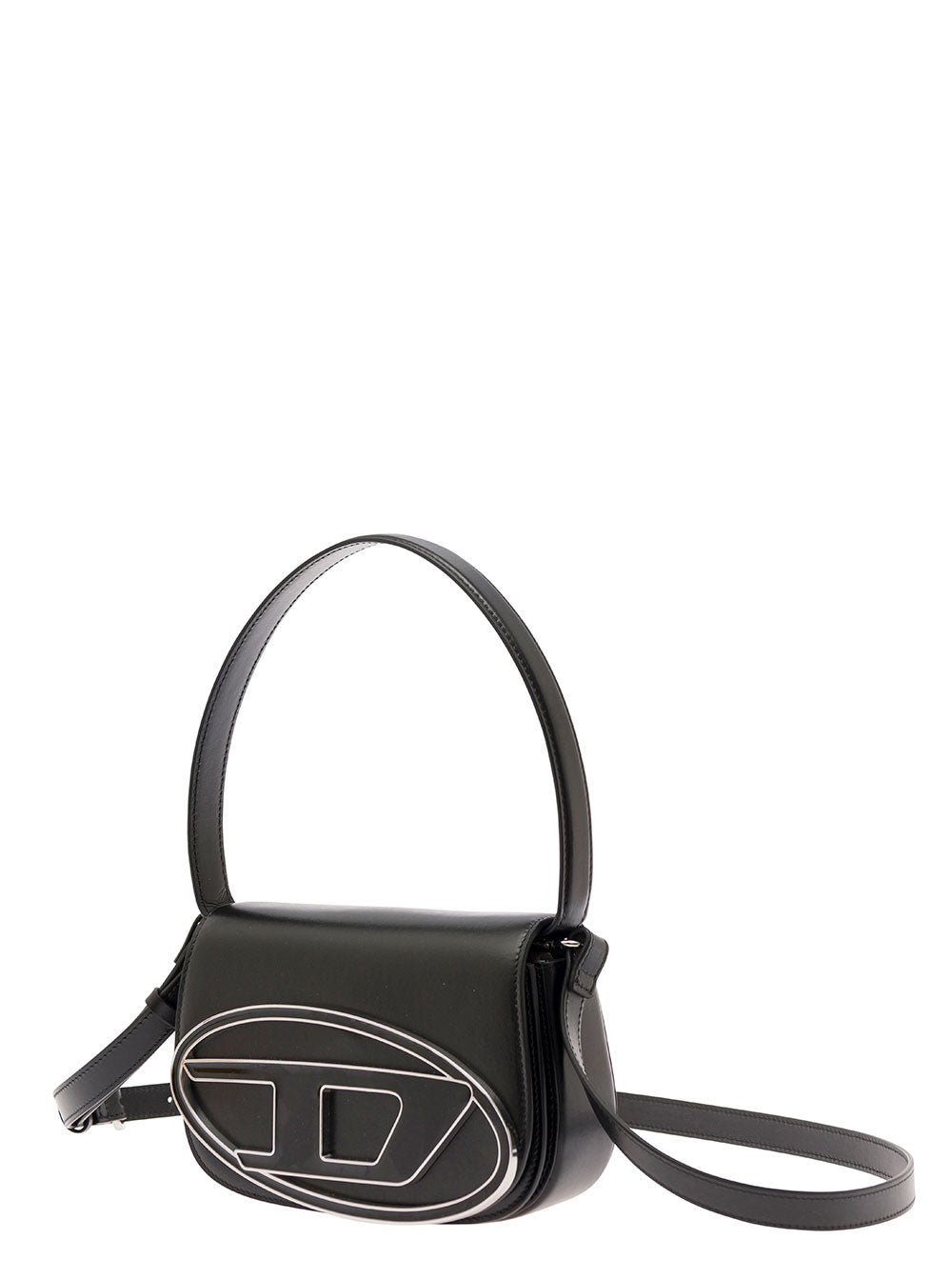 Diesel Women '1Dr' Black Shoulder Bag With Oval D Patch In Leather Woman
