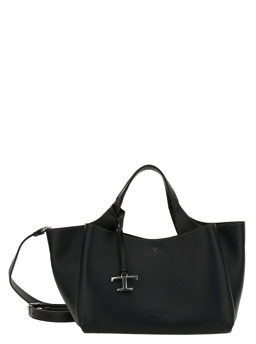 Tod's Women Black Handbag With Embossed Logo And T Timeless Charm In Grainy Leather Woman