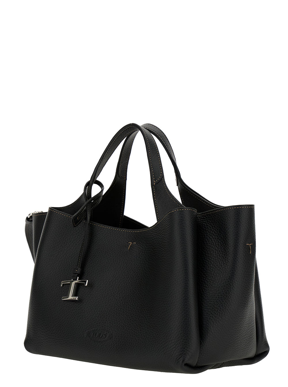 Tod's Women Black Handbag With Embossed Logo And T Timeless Charm In Grainy Leather Woman