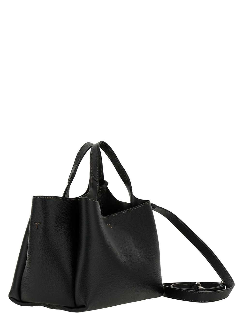 Tod's Women Black Handbag With Embossed Logo And T Timeless Charm In Grainy Leather Woman