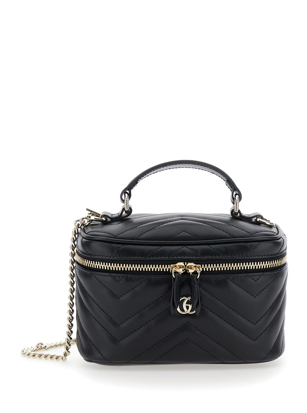 Gucci Women Black Handbag With Chain-Link Shoulder Strap And Gg Plaque On The Front In Leather Woman
