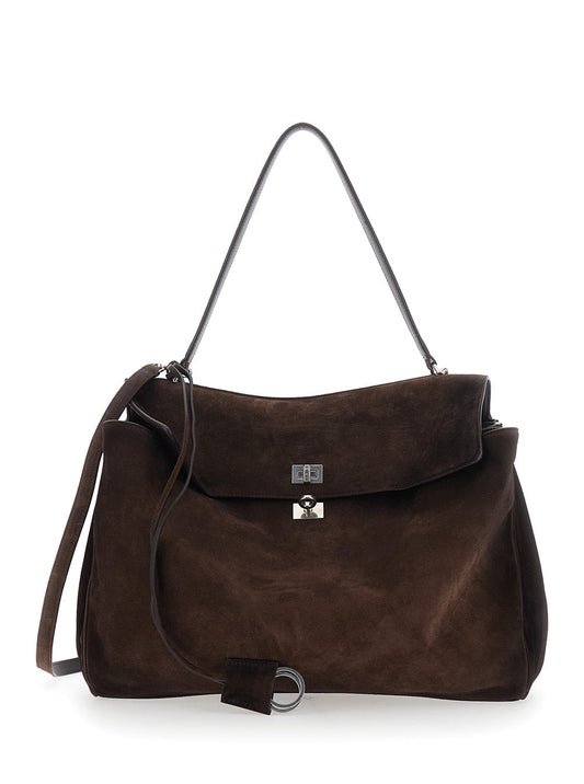 Balenciaga Men 'Rodeo' Brown Large Shoulder Bag With Removable Shoulder Strap In Suede Man