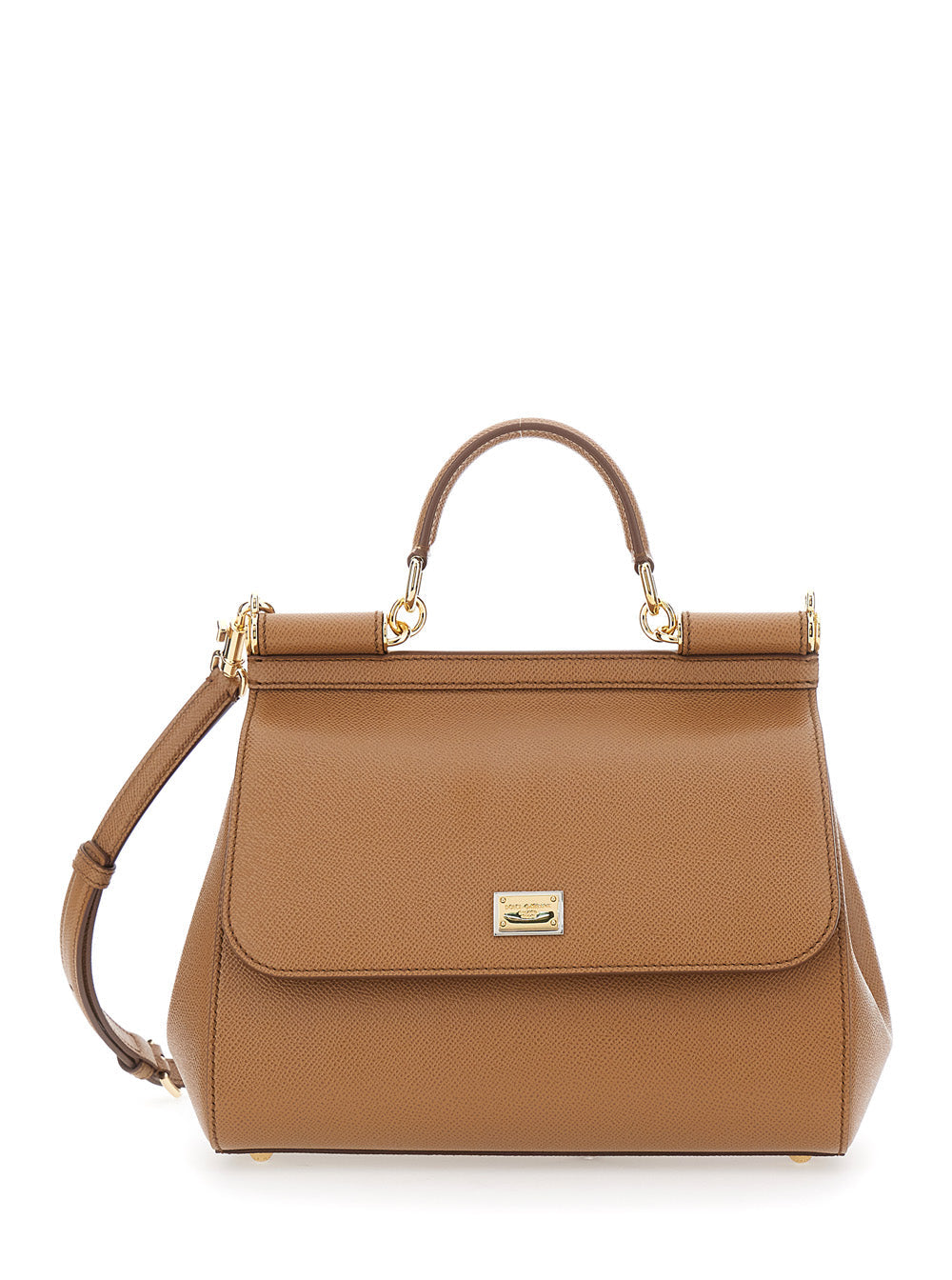 Dolce & Gabbana Women 'Sicily' Beige Medium Handbag With Adjustable And Removable Shoulder Strap And Logo Plaque On The Front In Grained Leather Woman