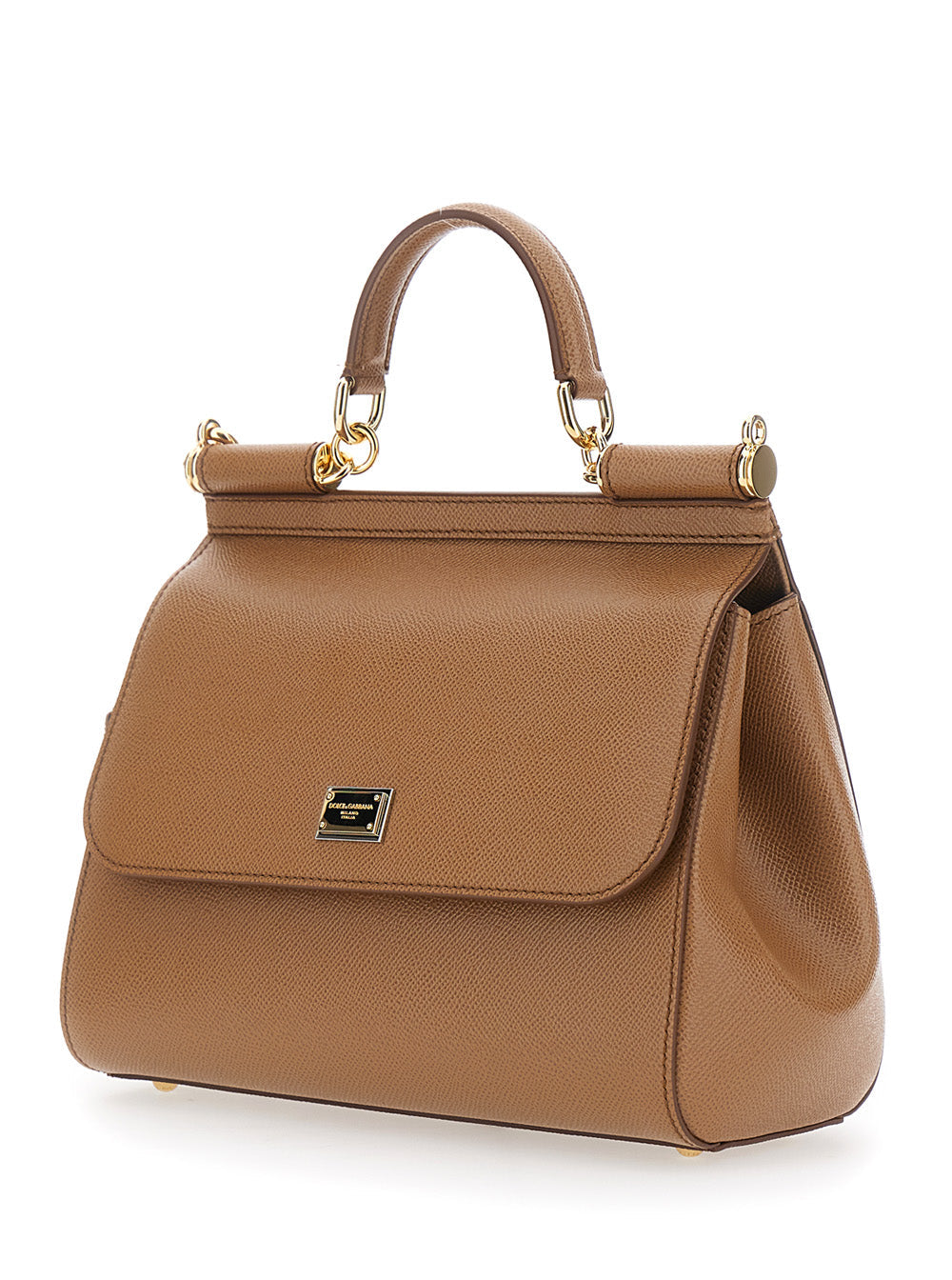 Dolce & Gabbana Women 'Sicily' Beige Medium Handbag With Adjustable And Removable Shoulder Strap And Logo Plaque On The Front In Grained Leather Woman