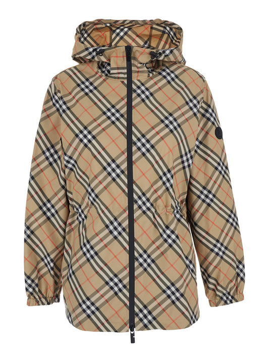 Burberry Women Beige Jacket With Ekd Logo Embroidery On The Sleeve And All-Over Check Motif In Tech Fabric Woman