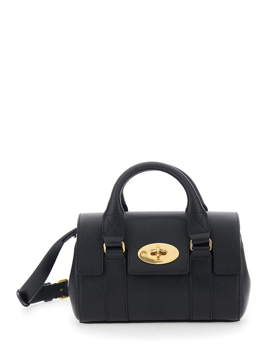 Mulberry Women 'Bayswater Mini' Black Handbag With Twist Lock In Hammered Leather Woman