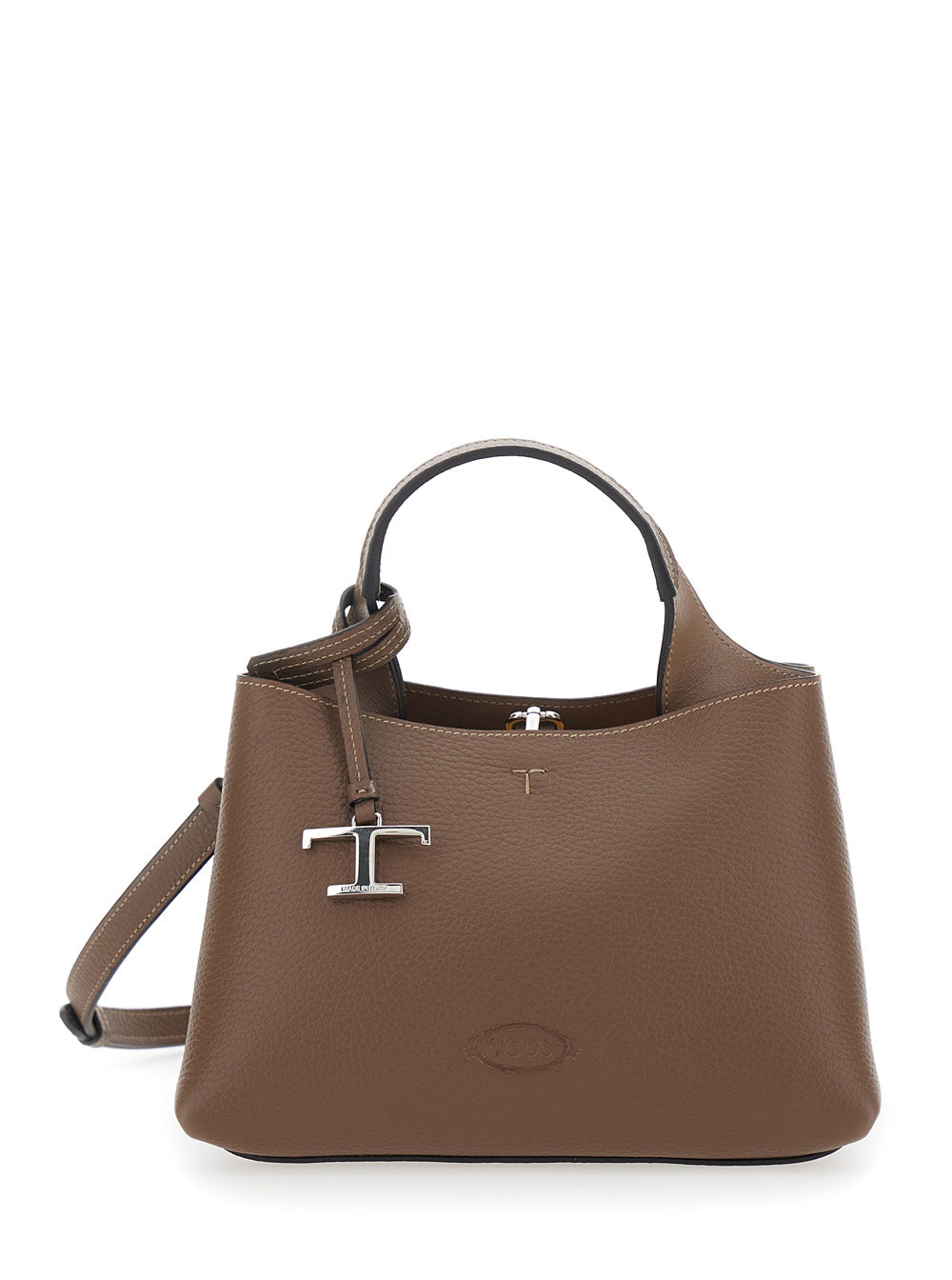 Tod's Women Brown Handbag With Embossed Logo And T Timeless Pendant In Grain Leather Woman
