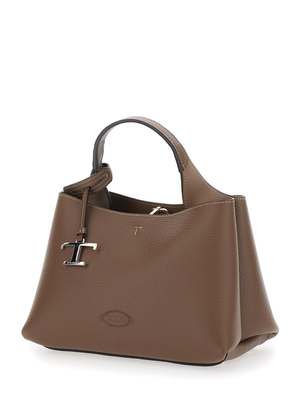 Tod's Women Brown Handbag With Embossed Logo And T Timeless Pendant In Grain Leather Woman