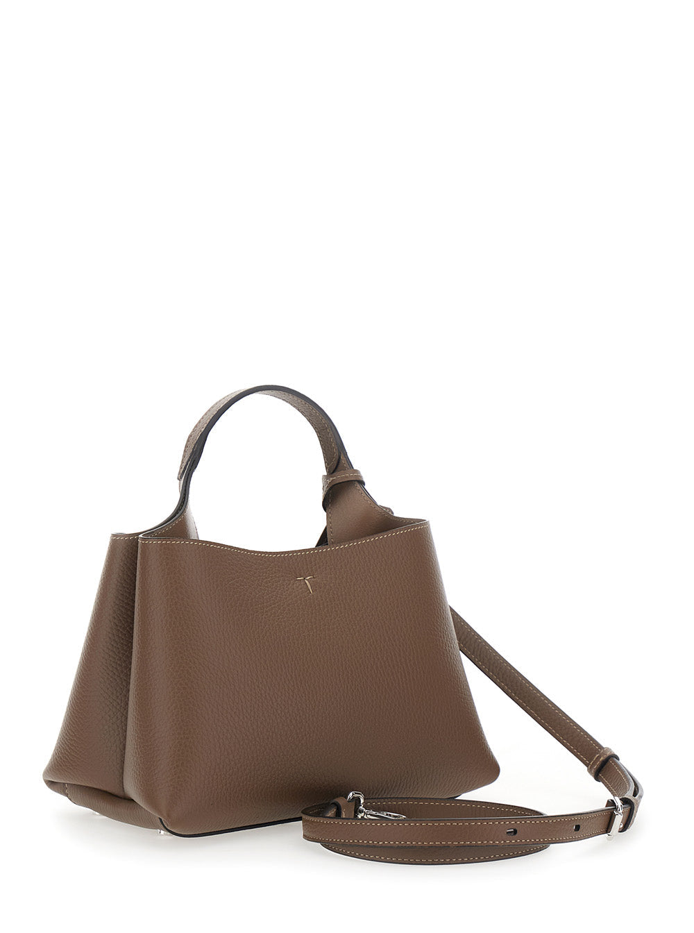 Tod's Women Brown Handbag With Embossed Logo And T Timeless Pendant In Grain Leather Woman