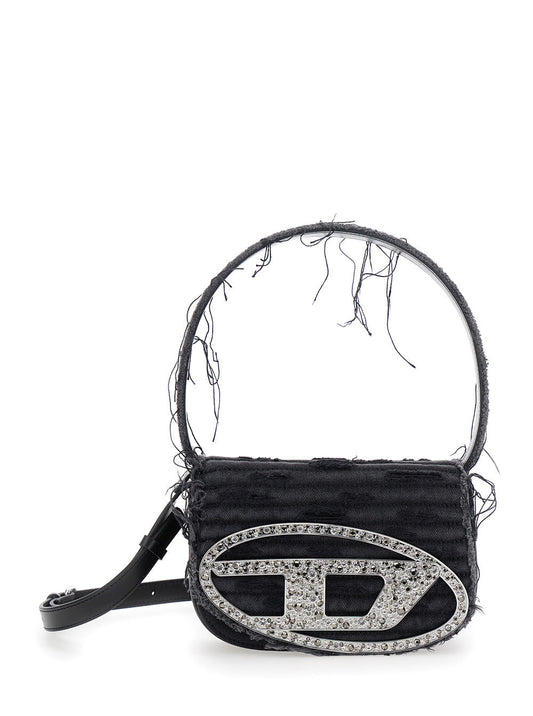 Diesel Women '1Dr' Black Shoulder Bag With Oval D Plaque With Rhinestones And Fringed Edges In Cotton And Leather Blend Woman
