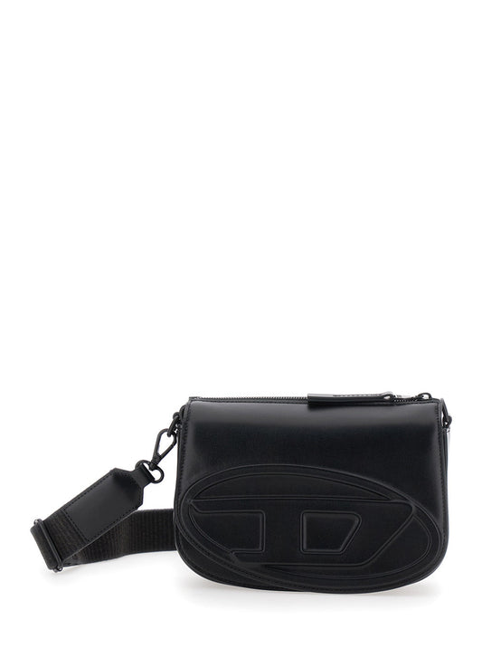 Diesel Men '1Dr' Black Crossbody Bag With Oval D Logo Embroidery On The Front In Leather Man