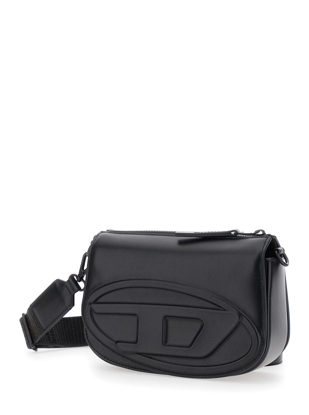 Diesel Men '1Dr' Black Crossbody Bag With Oval D Logo Embroidery On The Front In Leather Man