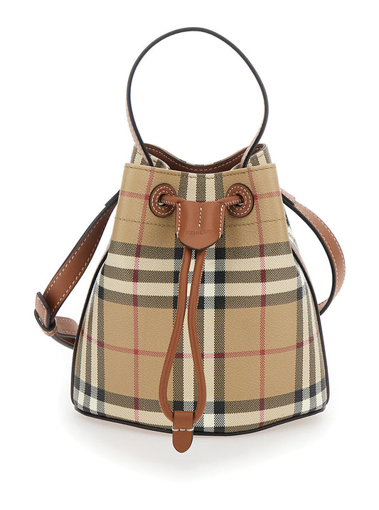 Burberry Women Beige Handbag With Drawstring Closure And All-Over Check Motif In Canvas Woman