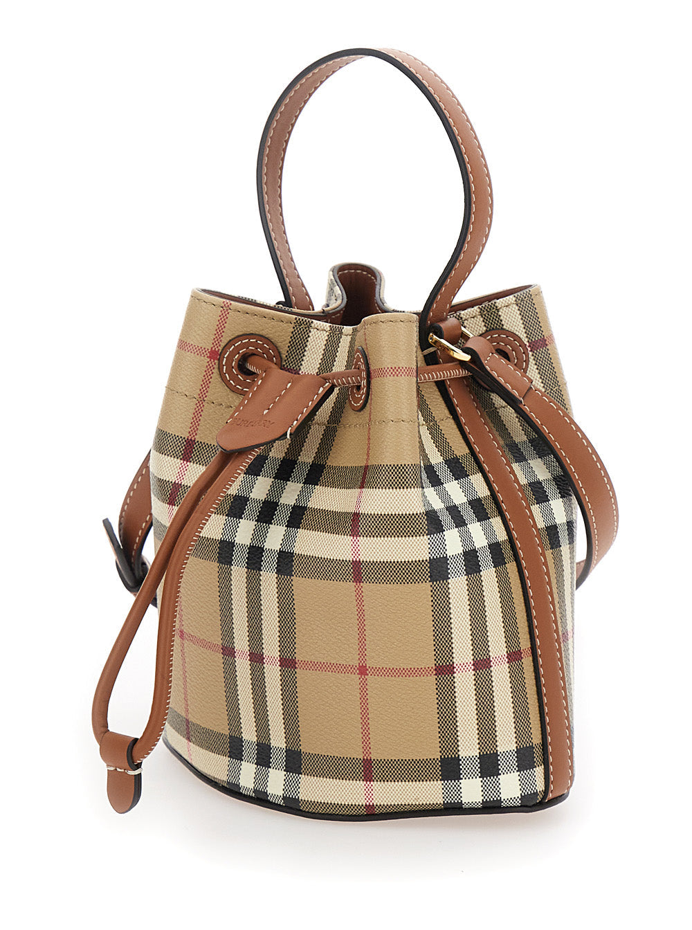 Burberry Women Beige Handbag With Drawstring Closure And All-Over Check Motif In Canvas Woman