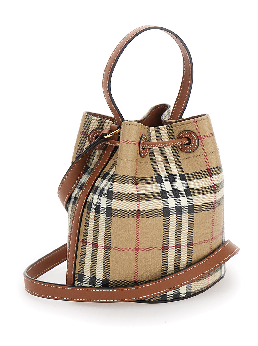 Burberry Women Beige Handbag With Drawstring Closure And All-Over Check Motif In Canvas Woman