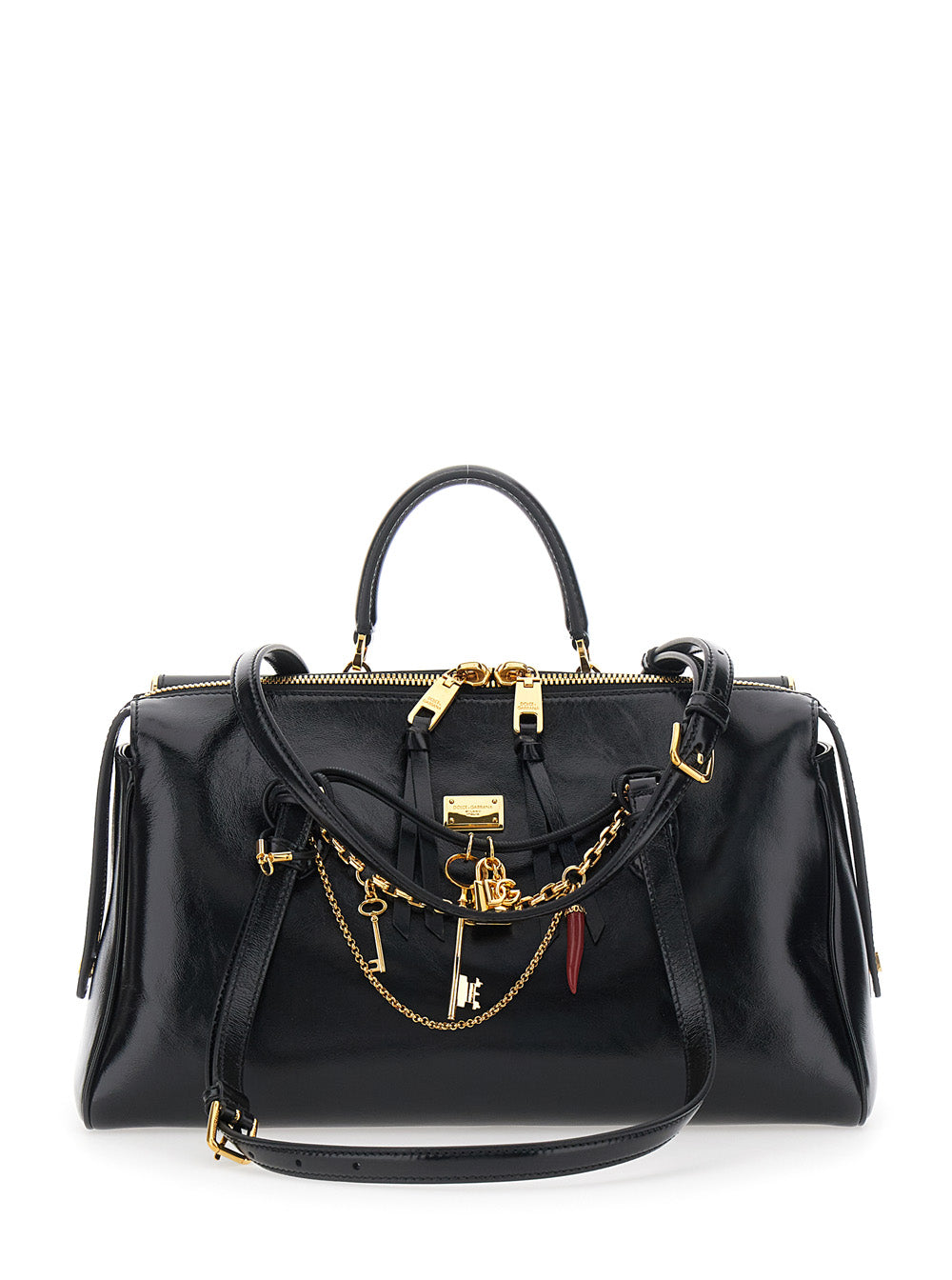 Dolce & Gabbana Women 'Vittoria' Black Shoulder Bag With Chain Detail And Charms On The Front In Leather Woman