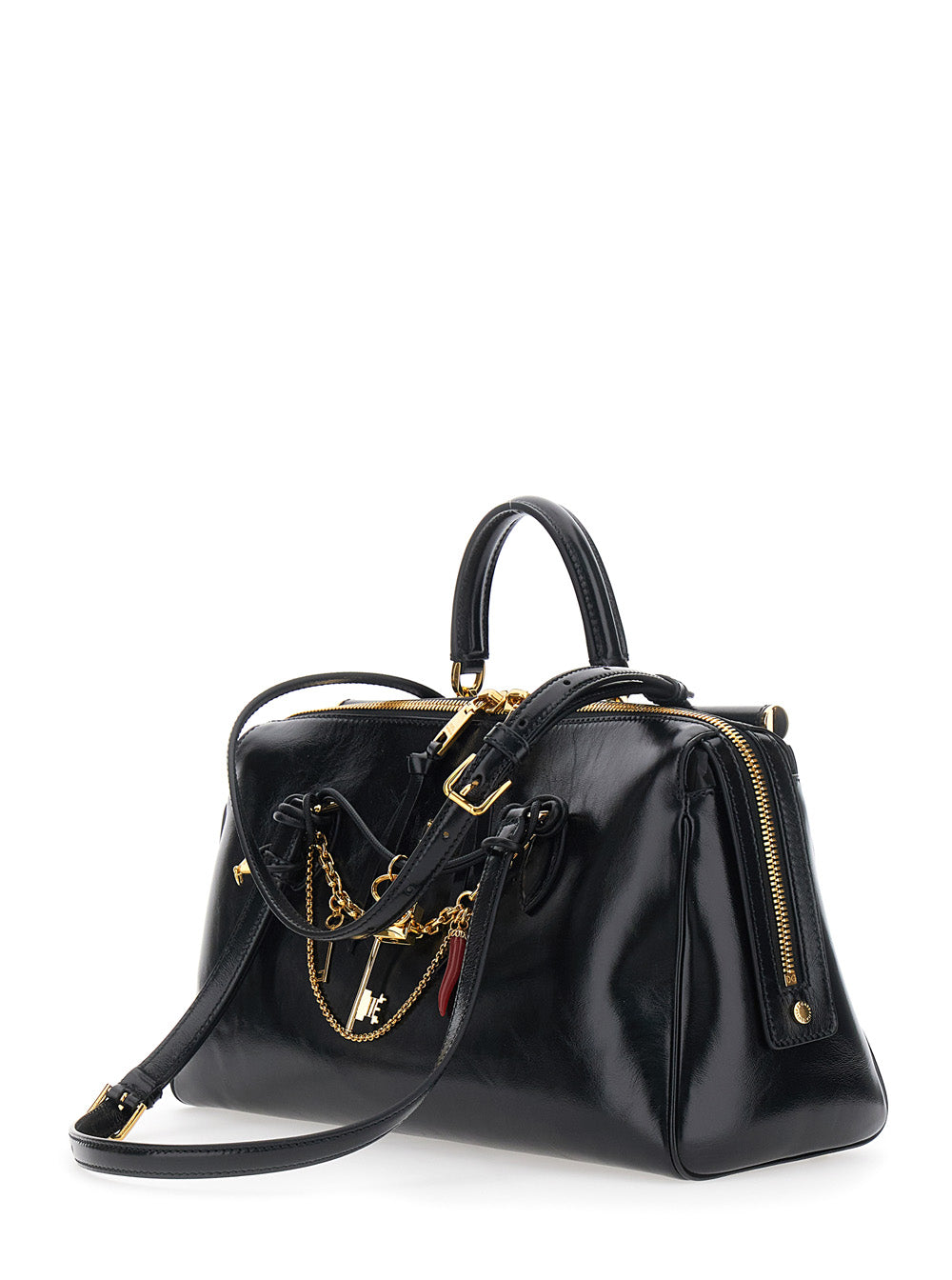 Dolce & Gabbana Women 'Vittoria' Black Shoulder Bag With Chain Detail And Charms On The Front In Leather Woman