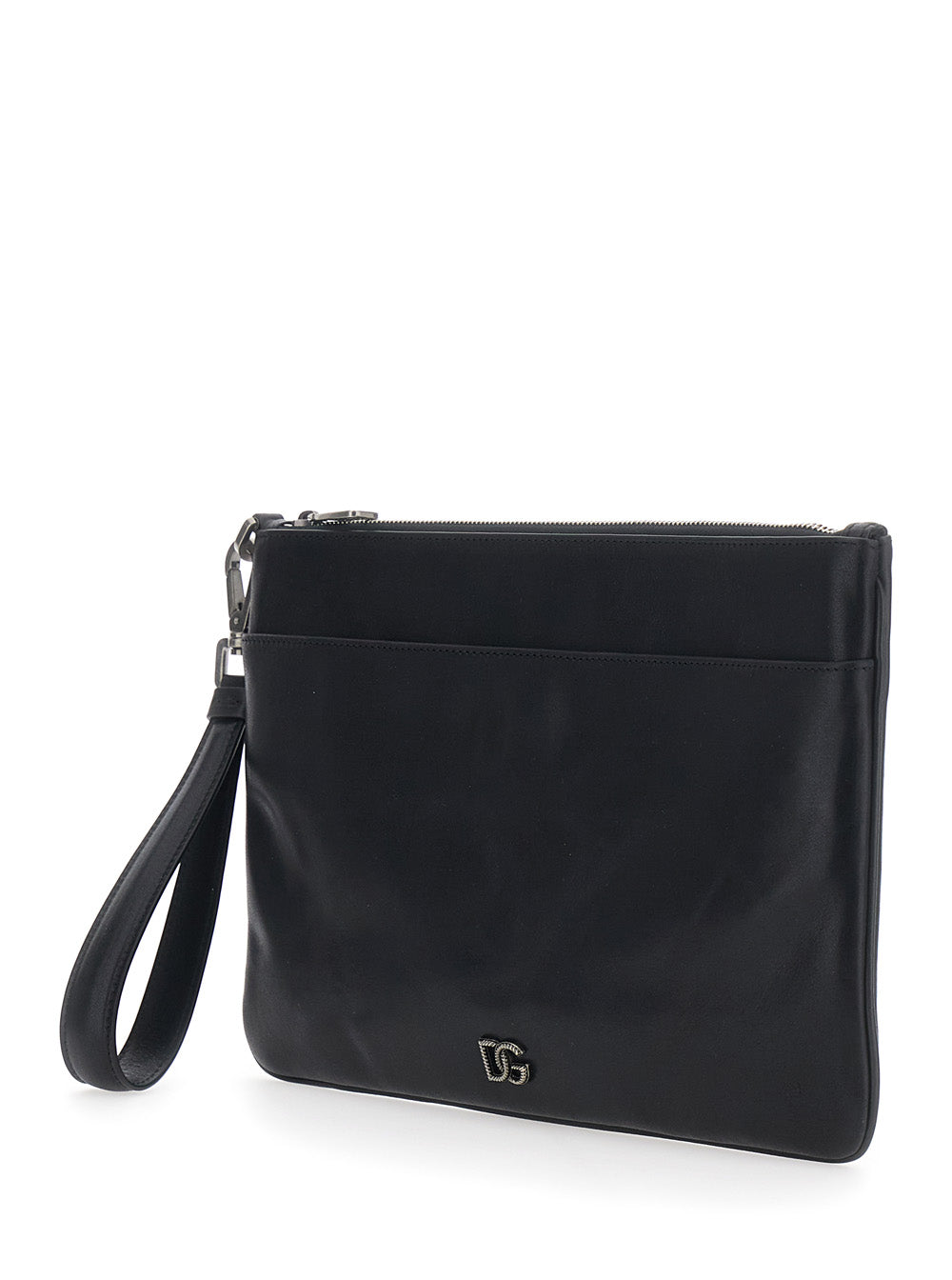 Dolce & Gabbana Men Black Clutch With Wrist Strap And Logo Plaque On The Front In Leather Man