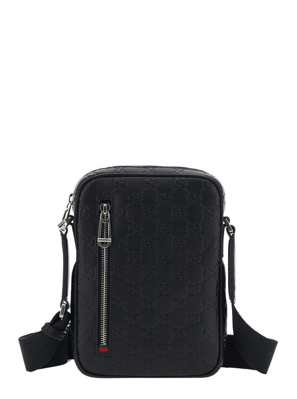 Gucci Men 'Emblem' Black Crossbody Bag With Adjustable Shoulder Strap And All-Over Embossed Gg Motif In Leather Man
