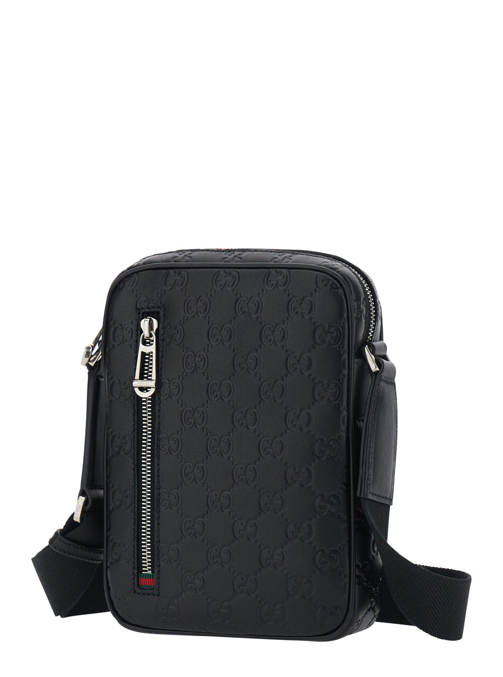 Gucci Men 'Emblem' Black Crossbody Bag With Adjustable Shoulder Strap And All-Over Embossed Gg Motif In Leather Man