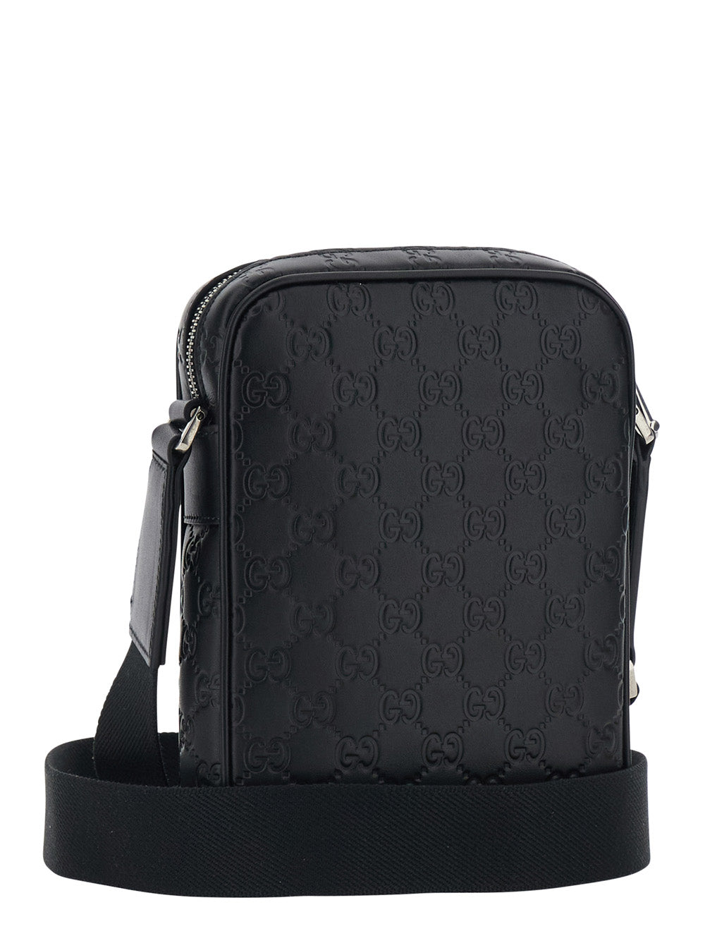 Gucci Men 'Emblem' Black Crossbody Bag With Adjustable Shoulder Strap And All-Over Embossed Gg Motif In Leather Man