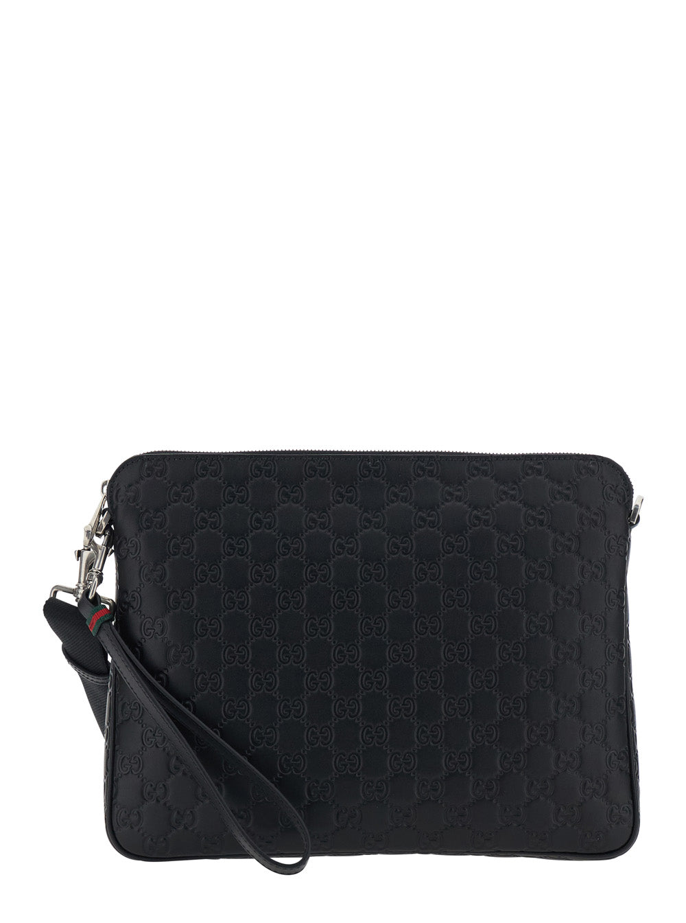 Gucci Men 'Emblem' Black Shoulder Bag With Adjustable And Removable Shoulder Strap And All-Over Embossed Gg Motif In Leather Man