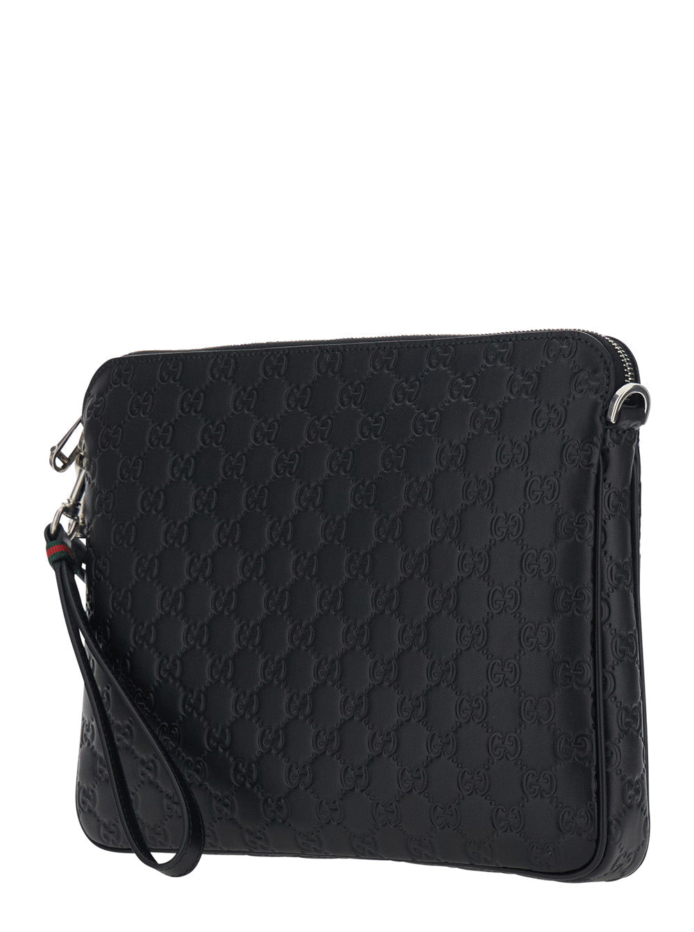 Gucci Men 'Emblem' Black Shoulder Bag With Adjustable And Removable Shoulder Strap And All-Over Embossed Gg Motif In Leather Man