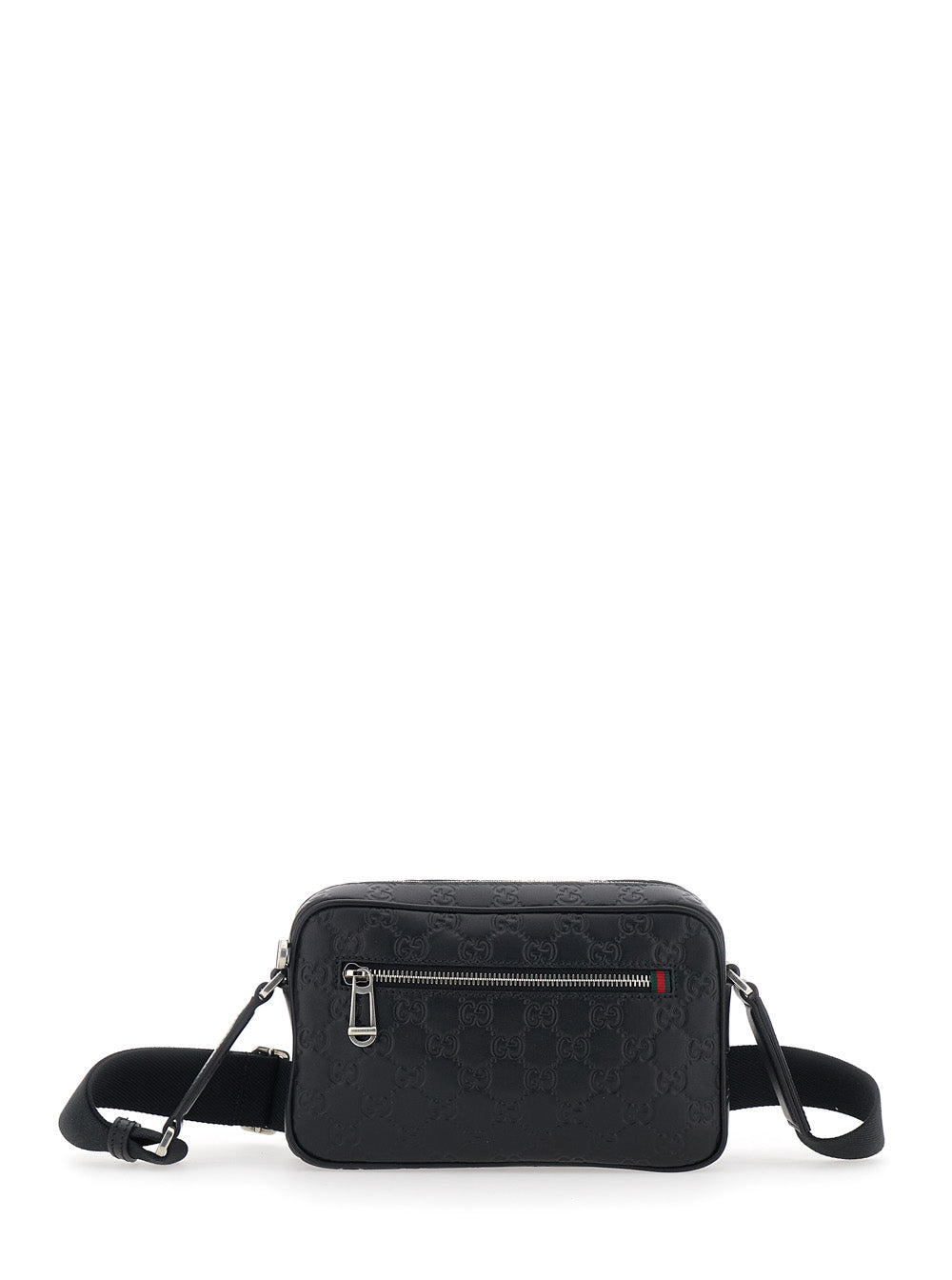 Gucci Men 'Emblem' Black Crossbody Bag With Adjustable Shoulder Strap And All-Over Embossed Gg Motif In Leather Man