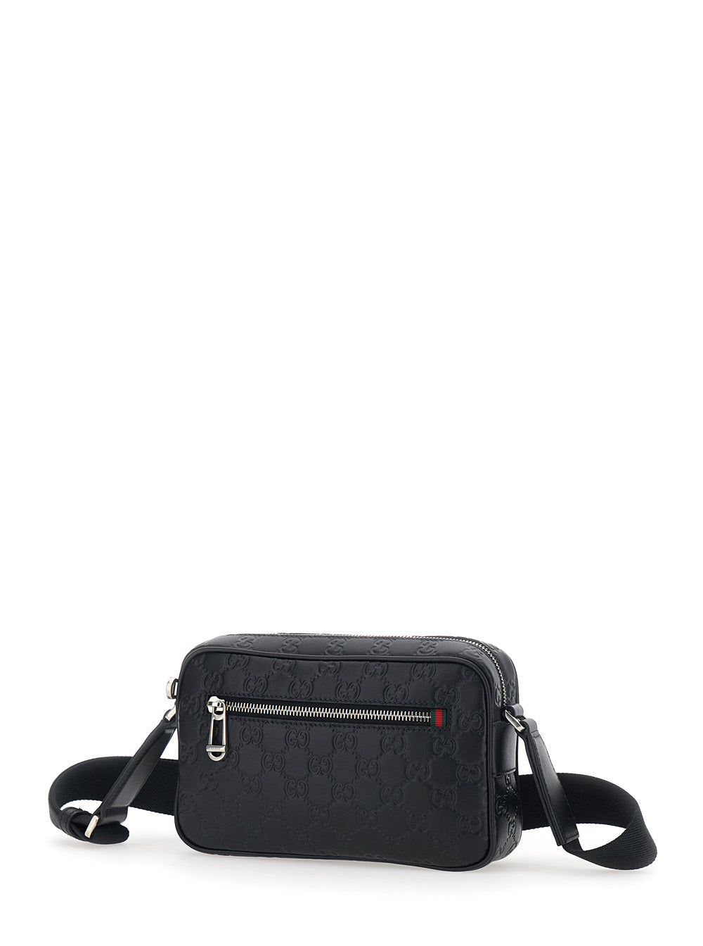 Gucci Men 'Emblem' Black Crossbody Bag With Adjustable Shoulder Strap And All-Over Embossed Gg Motif In Leather Man