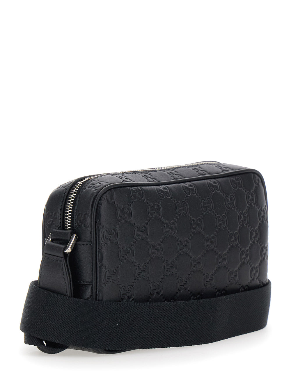 Gucci Men 'Emblem' Black Crossbody Bag With Adjustable Shoulder Strap And All-Over Embossed Gg Motif In Leather Man