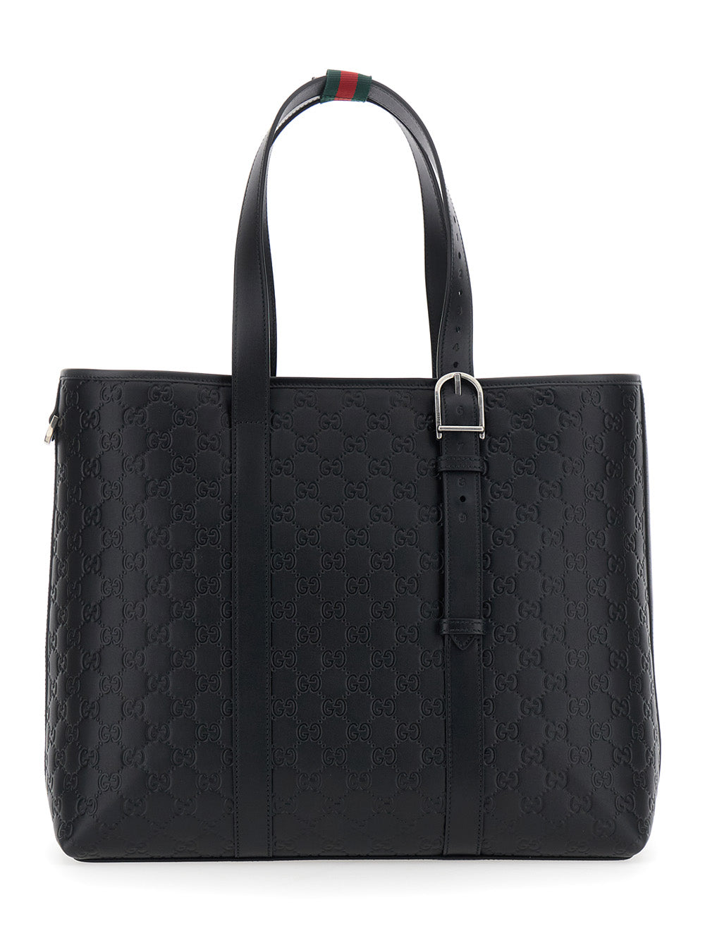 Gucci Men 'Emblem' Black Tote Bag With All-Over Embossed Gg Motif In Leather Man