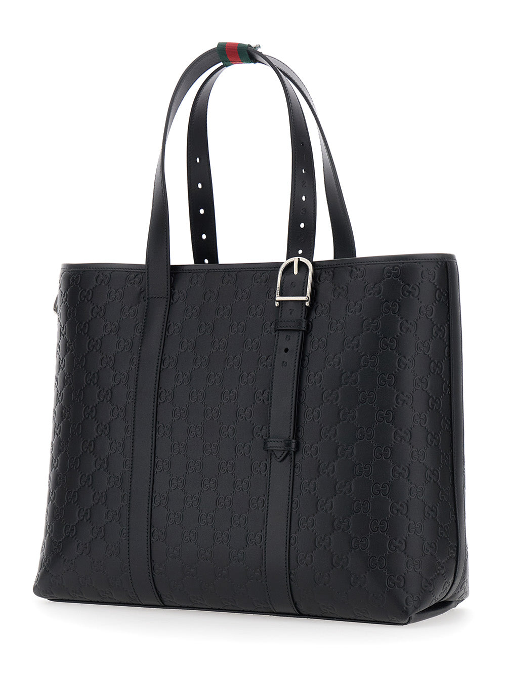 Gucci Men 'Emblem' Black Tote Bag With All-Over Embossed Gg Motif In Leather Man