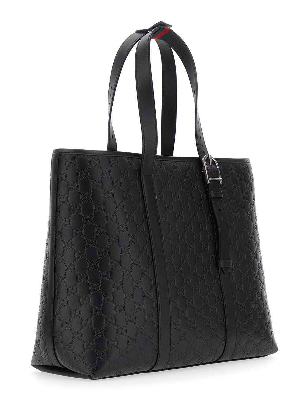 Gucci Men 'Emblem' Black Tote Bag With All-Over Embossed Gg Motif In Leather Man