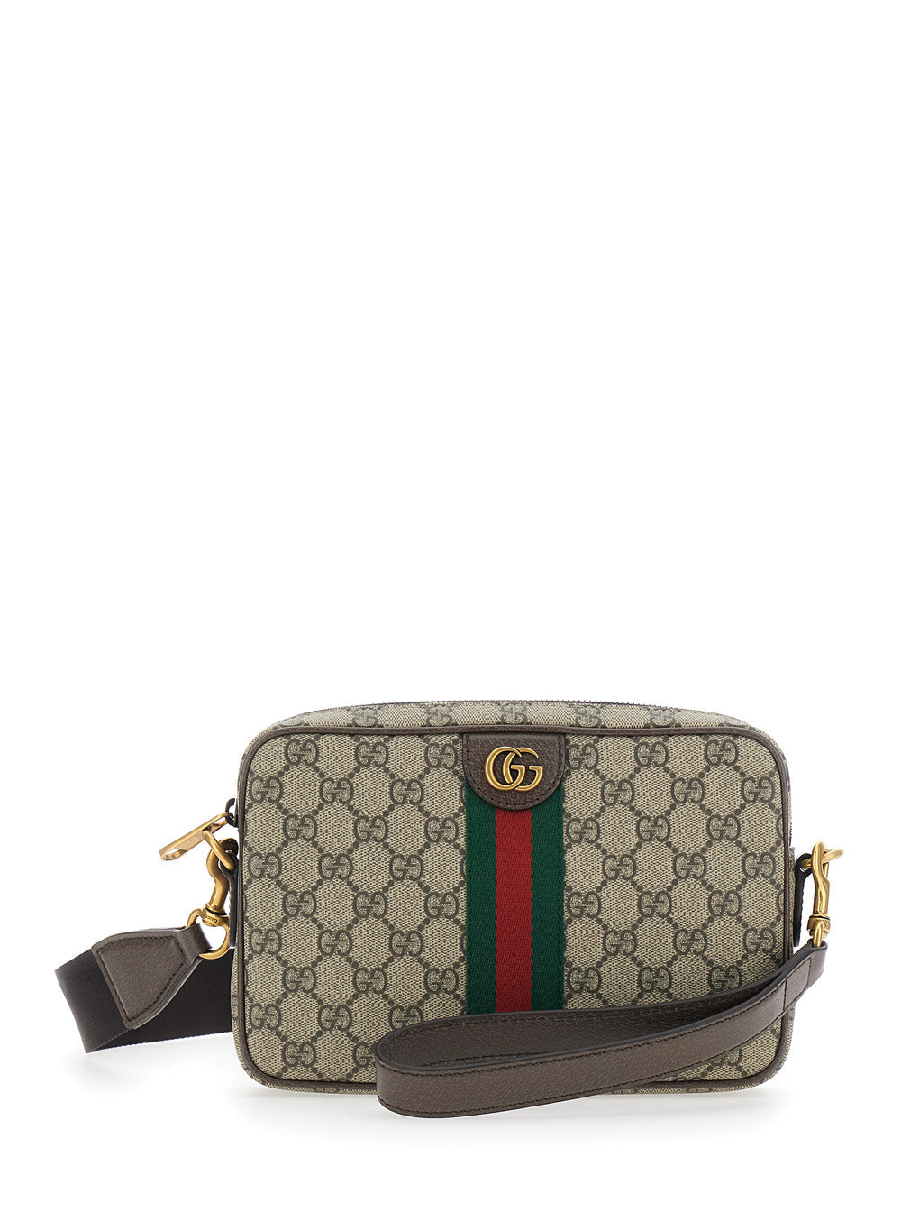 Gucci Men 'Ophidia' Beige Crossbody Bag With Adjustable And Removable Shoulder Strap And Web Detail On The Front In Gg Supreme And Leather Man