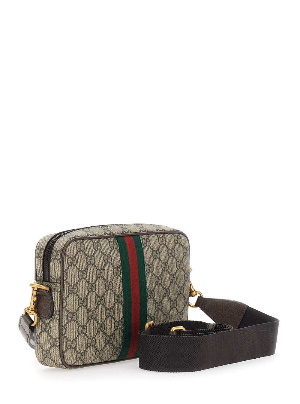 Gucci Men 'Ophidia' Beige Crossbody Bag With Adjustable And Removable Shoulder Strap And Web Detail On The Front In Gg Supreme And Leather Man