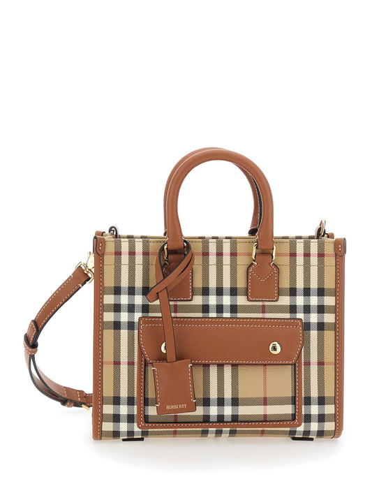 Burberry Women 'Freya Mini' Beige Handbag With All-Over Check Motif And Hanging Tag With Logo In Fabric Woman