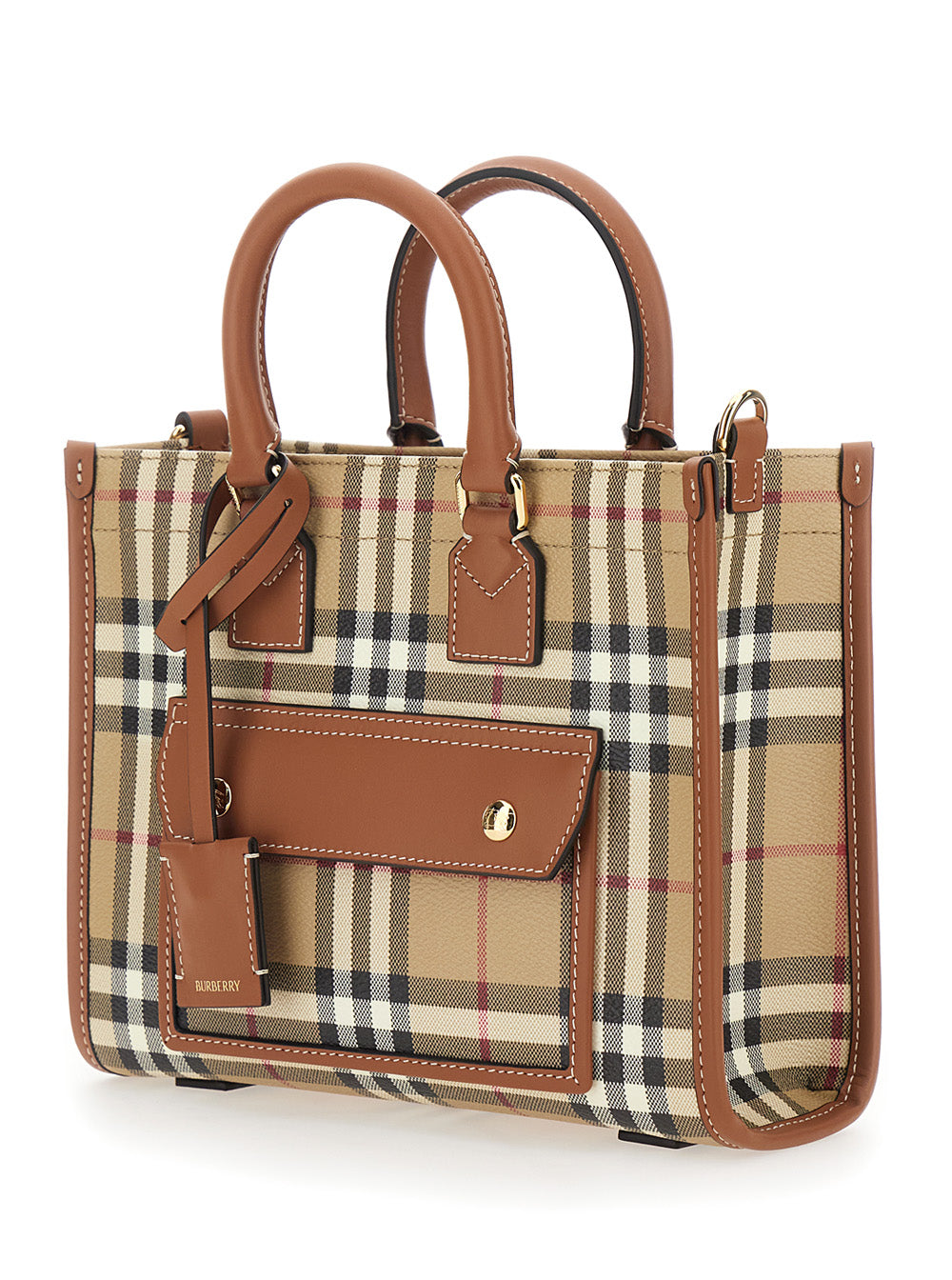 Burberry Women 'Freya Mini' Beige Handbag With All-Over Check Motif And Hanging Tag With Logo In Fabric Woman