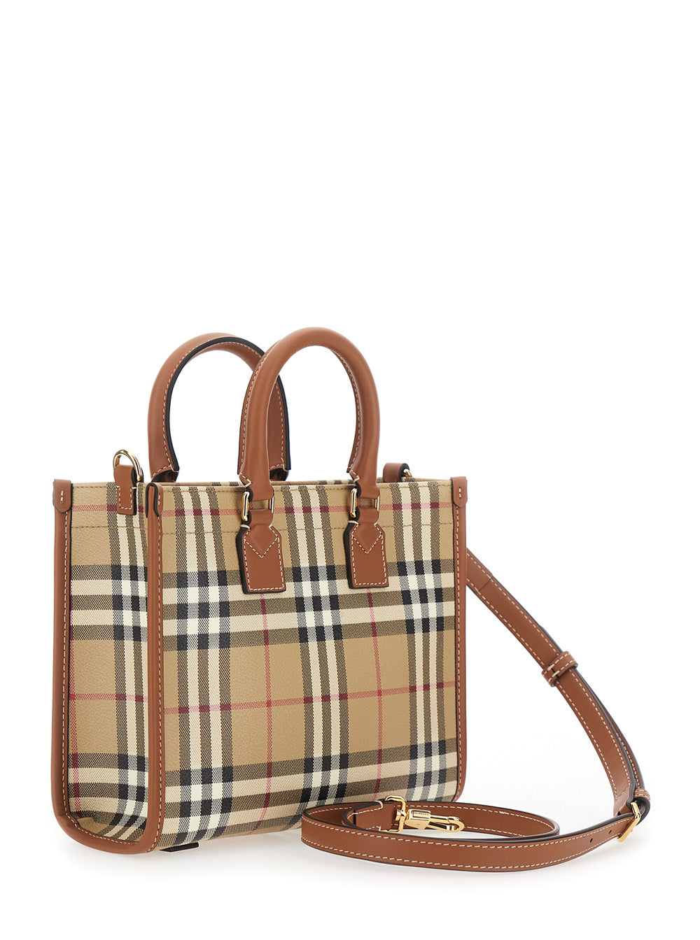 Burberry Women 'Freya Mini' Beige Handbag With All-Over Check Motif And Hanging Tag With Logo In Fabric Woman