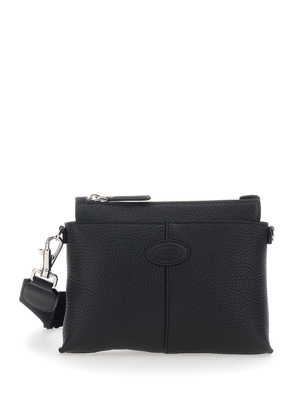 Tod's Men Black Clutch With Removable Shoulder Strap And Embossed Logo On The Front In Grained Leather Man