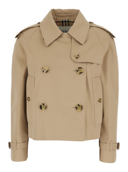 Burberry Women 'Haltye' Beige Double-Breasted Short Trench Coat With Classic Collar And Side Pockets In Cotton Woman